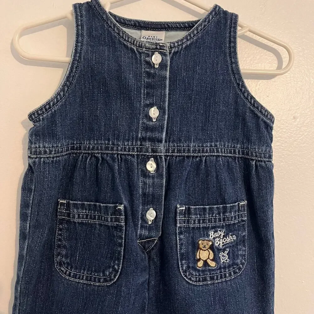 Vintage Baby OshKosh B'Gosh Blue Denim Overalls Romper Teddy Bear 3-6 Months
